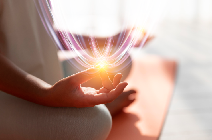 Side view adult meditating with light